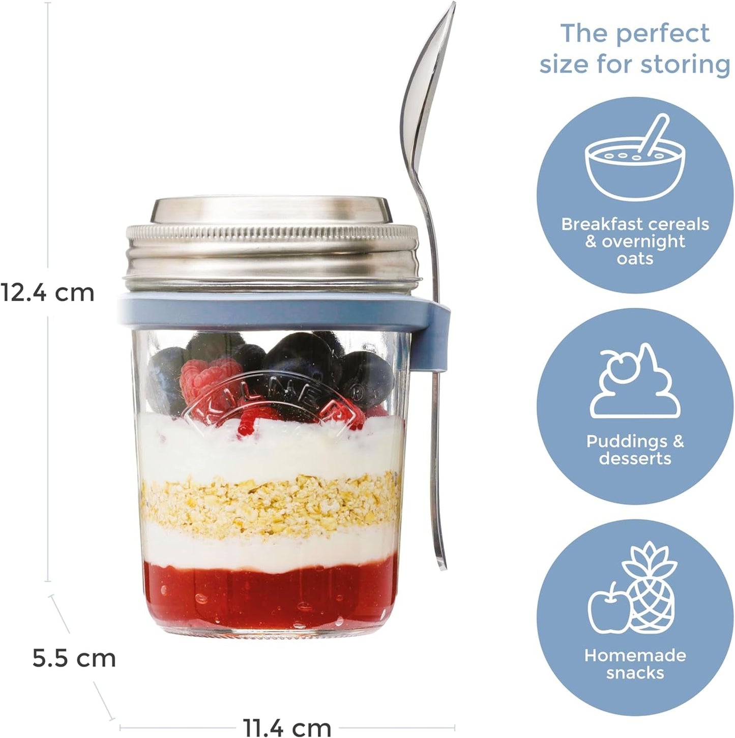 Barattolo per colazione Kilner con cucchiaio / 350 ml, Ø 9,5 cm / 5 pezzi | tazza di muesli da asporto / non tossico / contenitore in vetro con coperchio per muesli, porridge e yogurt / contenitore per avena durante la notte Naty Shop Food Storage Boxes
