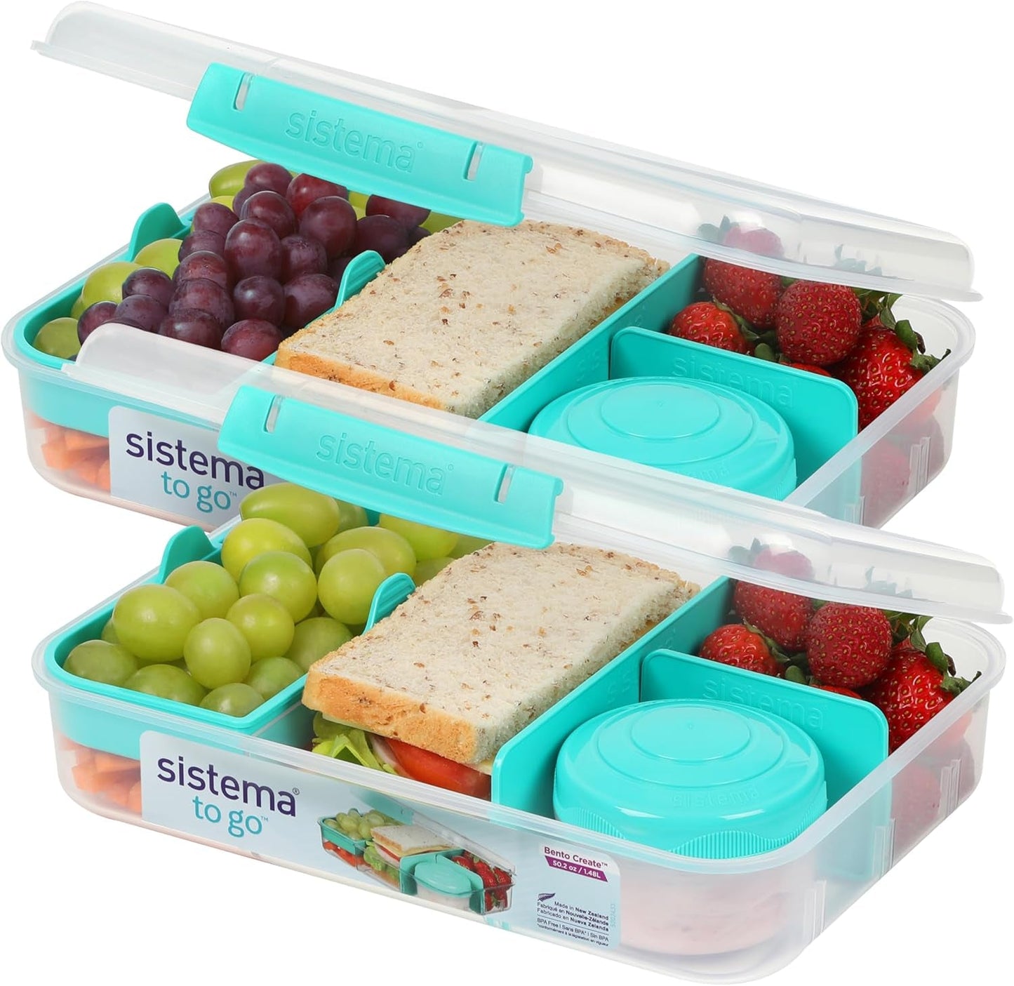 Sistema portapranzo Bento Box TO GO con scomparti | Lunch box da 1,25 L con contenitore yogurt/frutta | per bambini e adulti l | Minty Teal senza BPA [21685-8T], verde menta Scatole per alimenti Naty Shop Minty Teal 2 X 1,48 LITRI