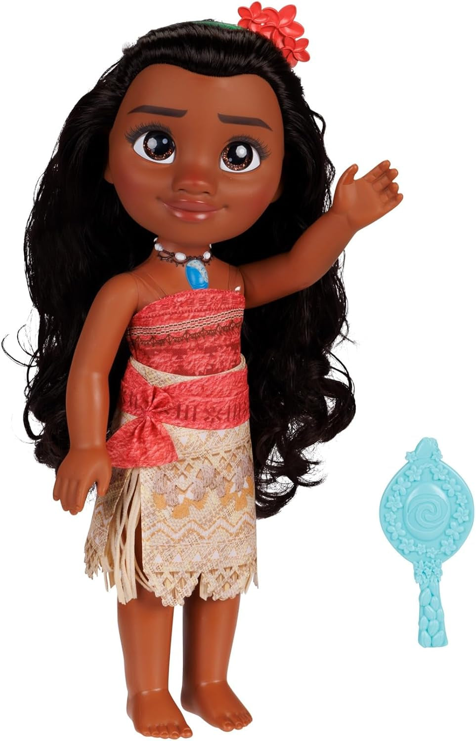 Disney Princess Moana bambola da 35 cm, occhi glitter riflettenti, articolazioni mobili, vestito staccabile, fermaglio floreale, capelli lunghi, per ragazze dai 3 anni in su