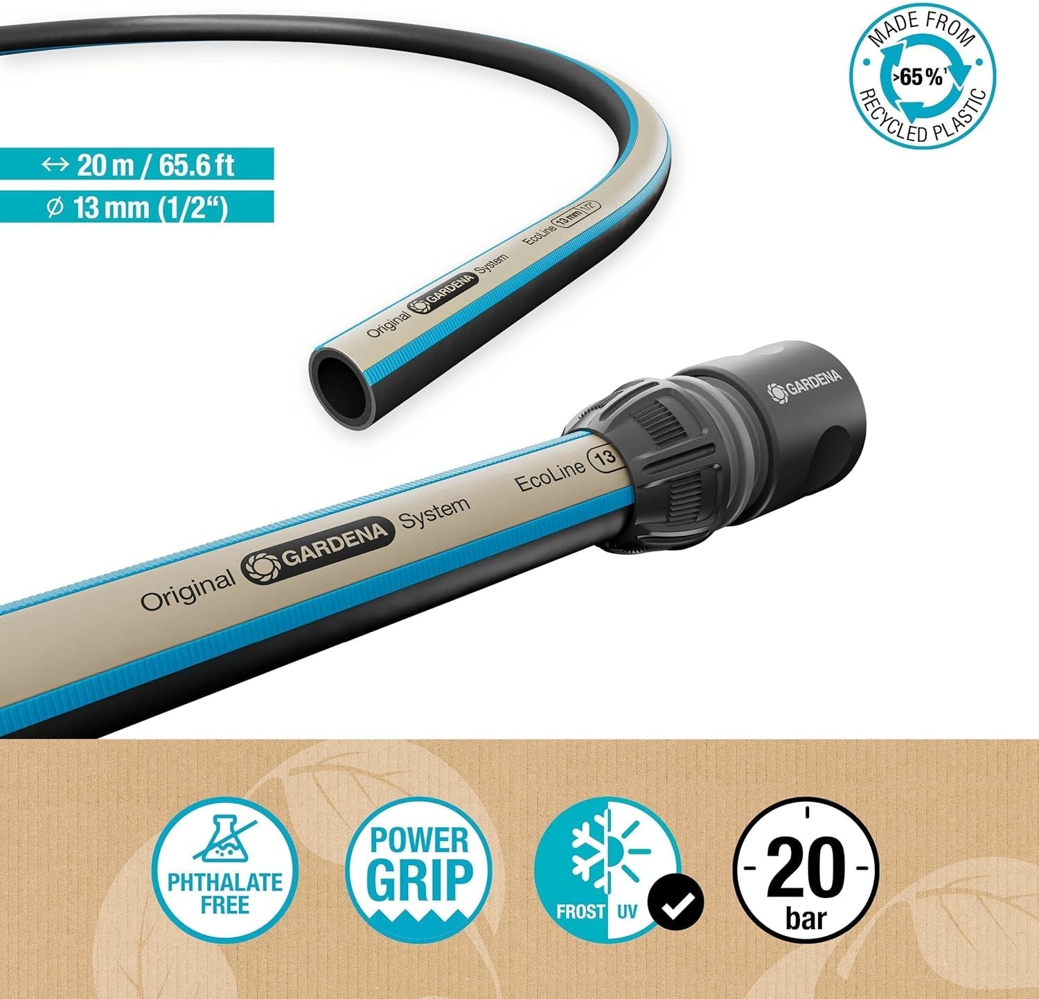 Tubo Gardena EcoLine 1/2 pollice, 20 m senza componenti di sistema: tubo da giardino sostenibile in plastica riciclata, privo di ftalati e sostanze nocive, forte funzione di presa, resistente al gelo e ai raggi UV (18930-20)