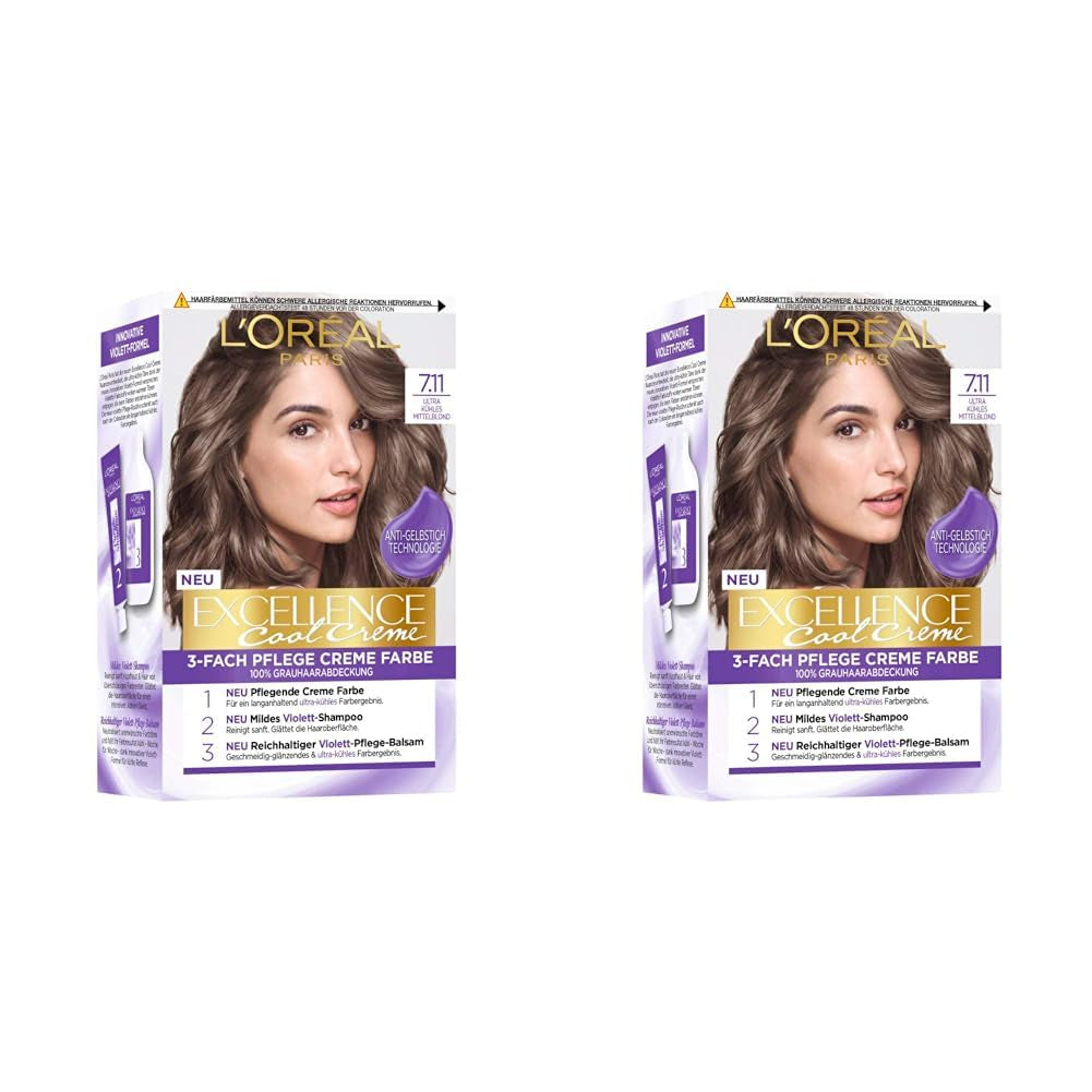 L'Oréal Paris Tintura permanente per capelli con risultato colore ultra cool, copertura del 100% dei capelli grigi, set con colorazione, shampoo e crema curativa, Excellence Cool Creme, N. 7.11 Ultra Cool Medium Blonde (Blond) Naty Shop Hair Dye Titolo predefinito