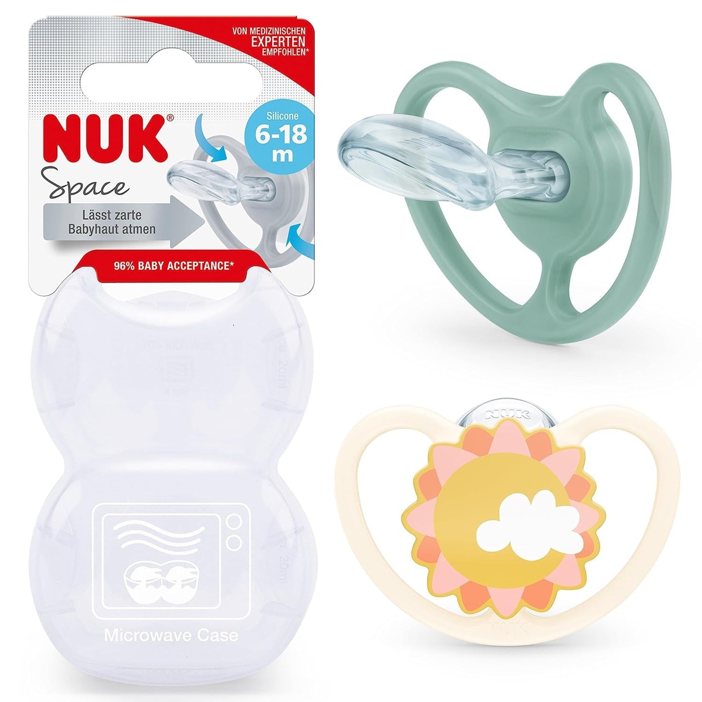 Ciuccio NUK Space per bambini 6-18 mesi, aperture extra grandi per pelli sensibili, silicone senza BPA, motivo zebrato, confezione da 2