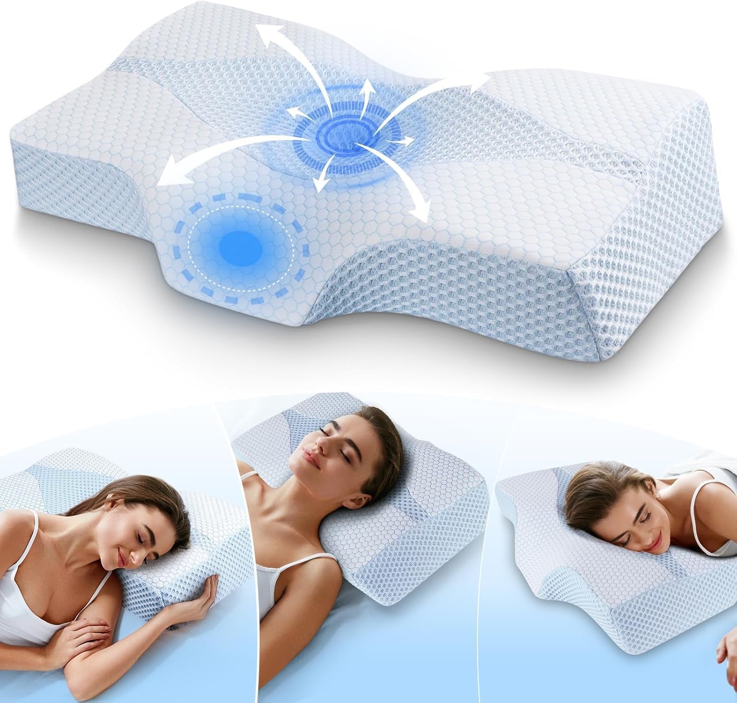 Cuscino Per Collo In Memory Foam Cuscino Ortopedico ergonomico Per Dolori Al Collo E Alla Spalla - Cuscino Rinfrescante Per Chi Dorme Sul Fianco, Sulla Schiena E Sullo Stomaco Con Supporto Per Il Collo Cuscini Ortopedici Cervicali Naty Shop 02-Blu 63,5 Cm*40,6 Cm*10,7/13,2 Cm