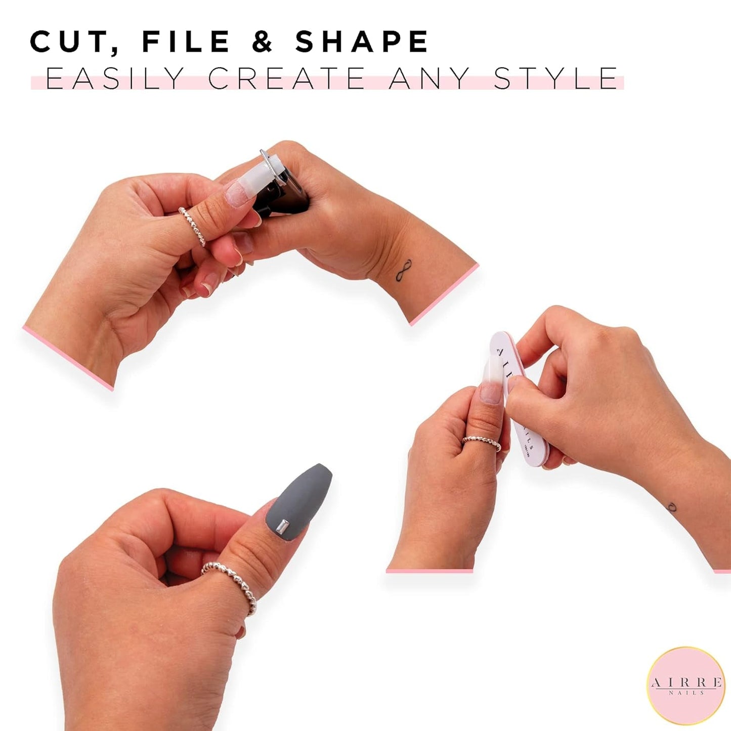 AIRRE 500 Unghie in gel professionali e 3 lime per scatola - (10 misure) Unghie finte French Half Moon, Uso in salone e a casa, Taglio, limatura e modellatura, Gel UV/LED, Smalto per unghie e Nail Art (Naturale)