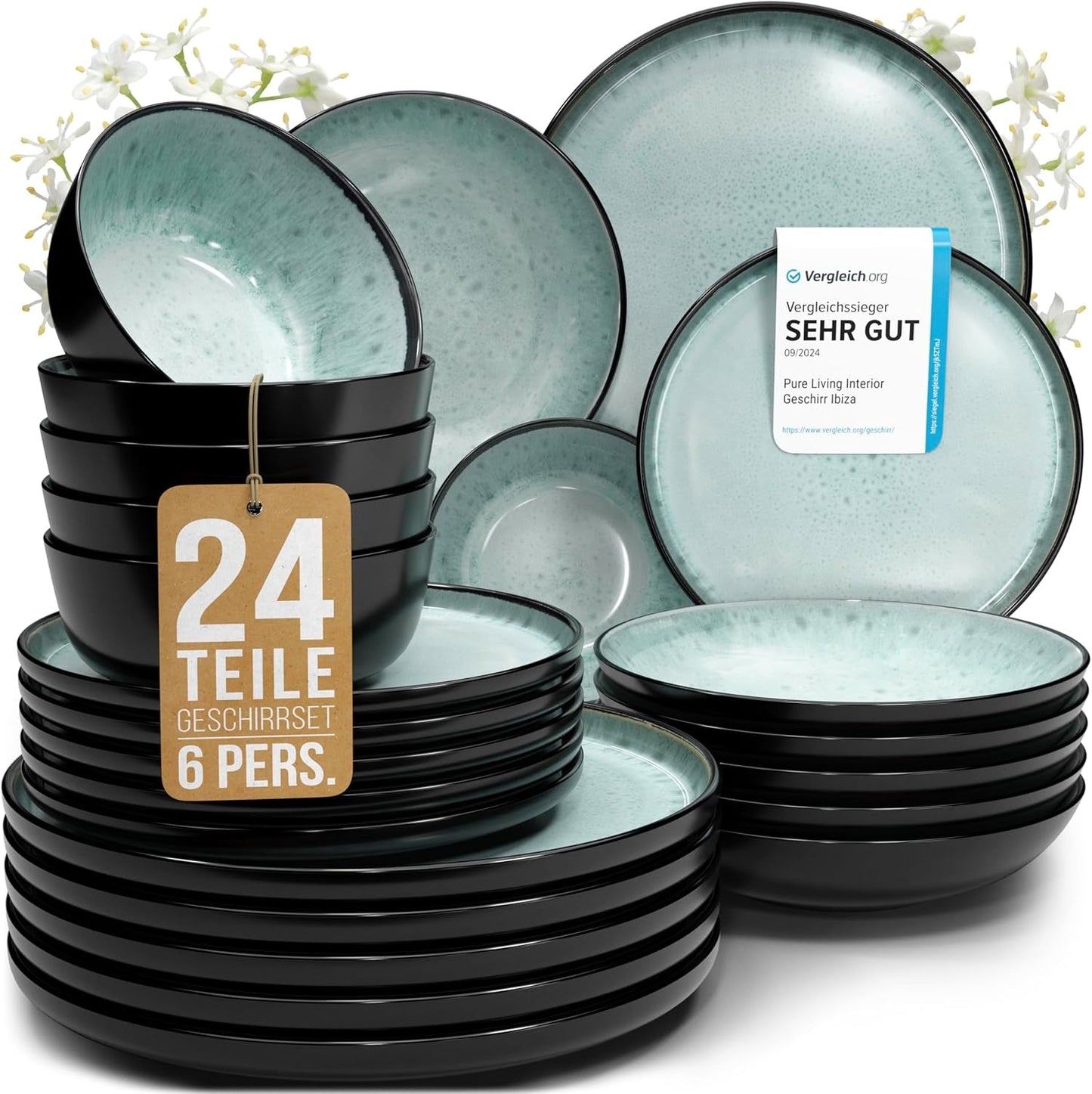Servizio stoviglie 24 pezzi in gres ceramica per 6 persone, design Ibiza, VINCITORE DEL TEST. Uno splendido set di stoviglie mediterranee che comprende ciotole e piatti. Servizio da tavola Pure Living, verde salvia.