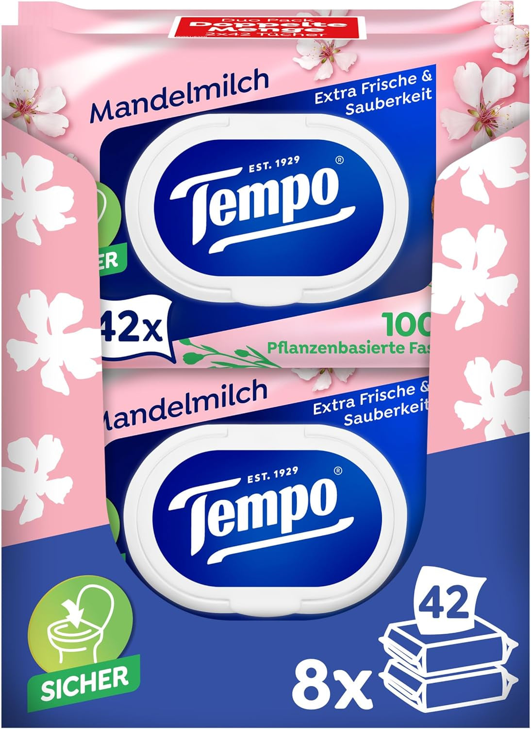 Salviette umidificate Tempo ''Gentle & Sensitive'' - Megapack - 16 confezioni da 42 salviette ciascuna - Duo Packs - Aloe Vera Naturale - Carta igienica, dermatologicamente testata, neutra sulla pelle