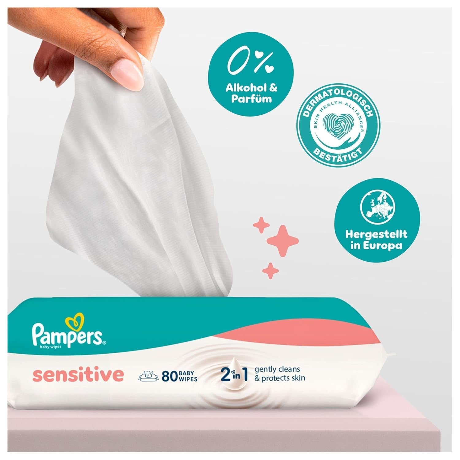 Salviettine umidificate Pampers Sensitive, 6 confezioni da 80 salviette = 480 salviette, senza profumo, per una pulizia delicata e delicata