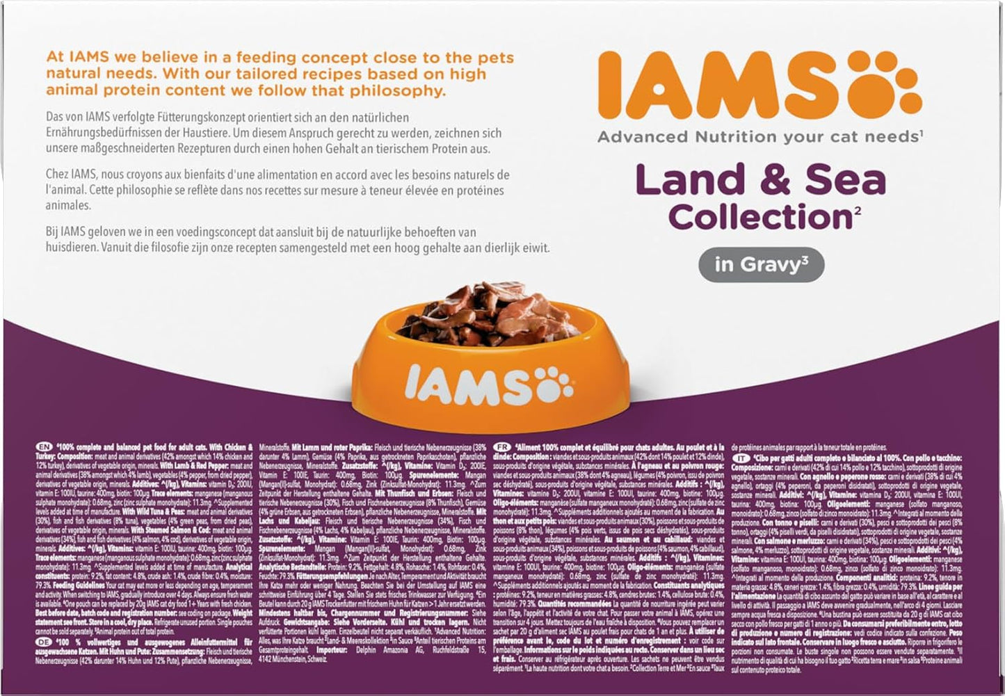 IAMS Delights Collezione Land & Sea Cibo umido per gatti - Assortimento di carne e pesce Multipack in salsa, Cibo umido per gatti da 1 anno in su, 12 x 85 g