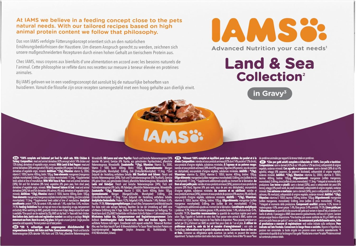IAMS Delights Collezione Land & Sea Cibo umido per gatti - Assortimento di carne e pesce Multipack in salsa, Cibo umido per gatti da 1 anno in su, 12 x 85 g