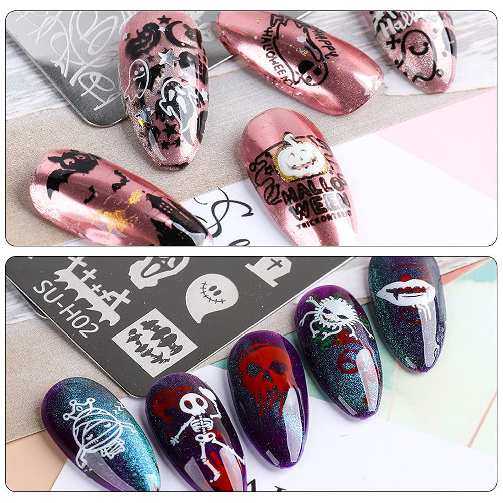 JMEOWIO Nail Stamping Stencil Halloween 6 pezzi Nagelstempel Stencil Nail Art Dekoration Nageldesign Zubehör Böse Gruselige Kürbis-Geisterhexe