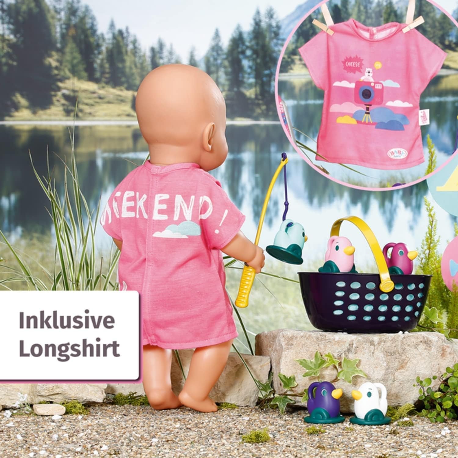 BABY Born 832790 Weekend Fishing - Set di accessori per bambola da pesca con lettino con stampa vivace, tavolino, bicchiere, cestino, anatroccoli e canna da pesca e maglietta lunga rosa, Rosa