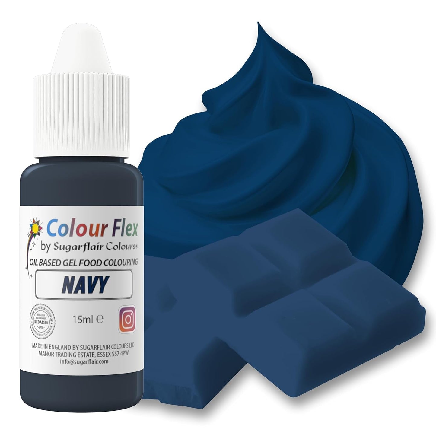 Sugarflair Colourflex Colorante alimentare a base di olio, Blu Navy, Colorante alimentare liquido altamente concentrato, Colorante alimentare per crema al burro, cioccolato, pasta, fondente, glassa e altro - 15 ml