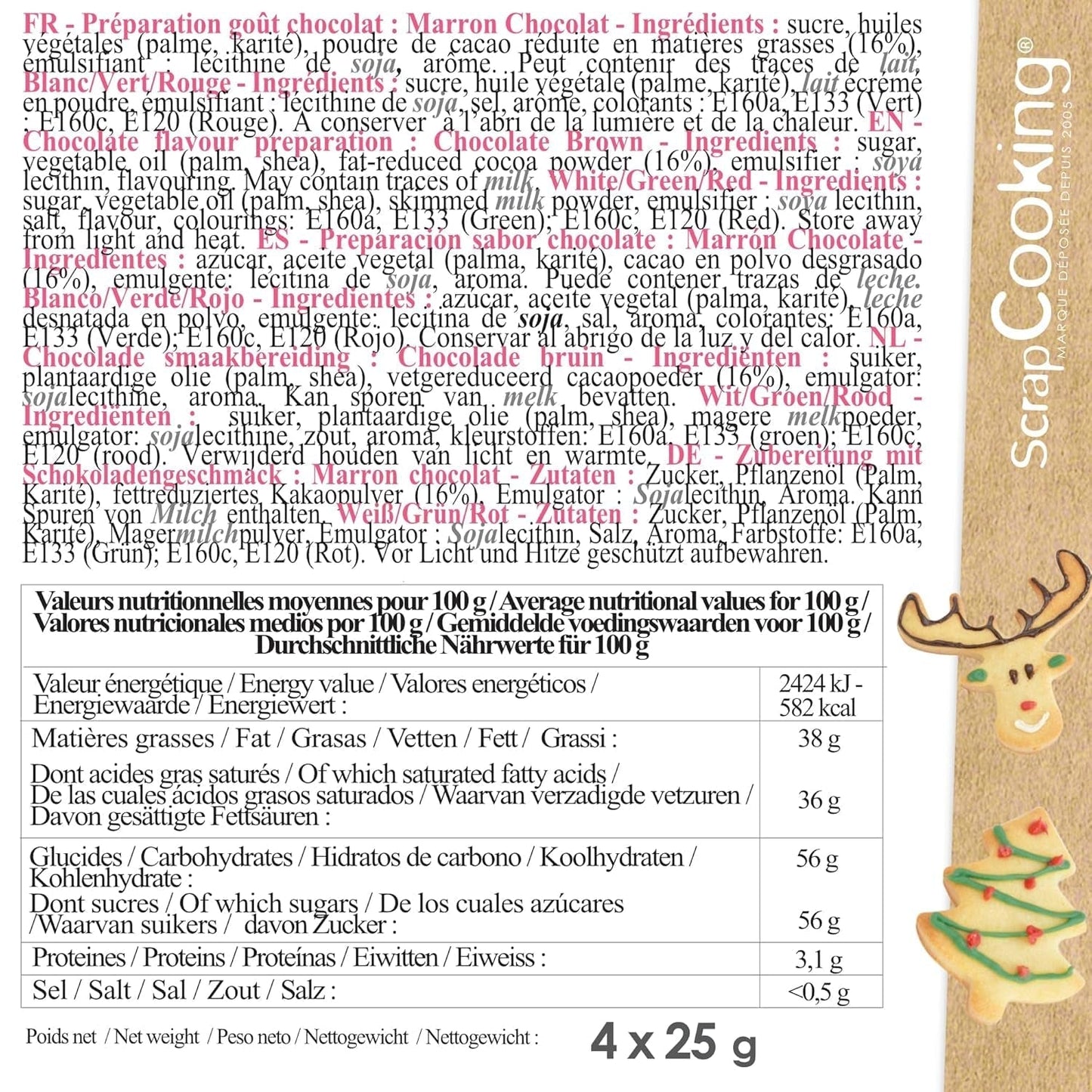 Scrapcooking - Set di 4 matite colorate al cioccolato natalizio - Marrone, Bianco, Verde e Rosso - Colorante commestibile - Colorante alimentare per scrivere - Scrivi e disegna su dessert, torte e biscotti - 7060