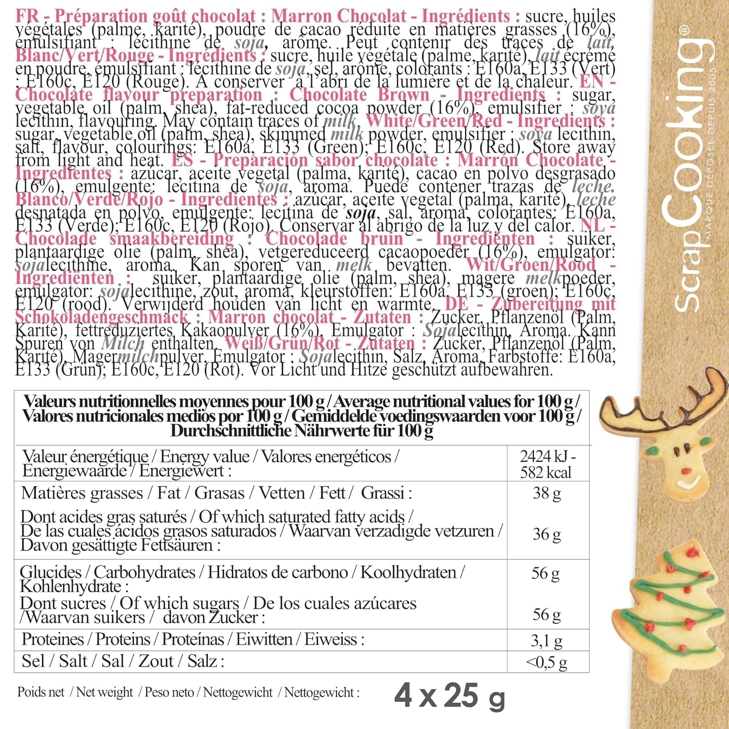 Scrapcooking - Set di 4 matite colorate al cioccolato natalizio - Marrone, Bianco, Verde e Rosso - Colorante commestibile - Colorante alimentare per scrivere - Scrivi e disegna su dessert, torte e biscotti - 7060