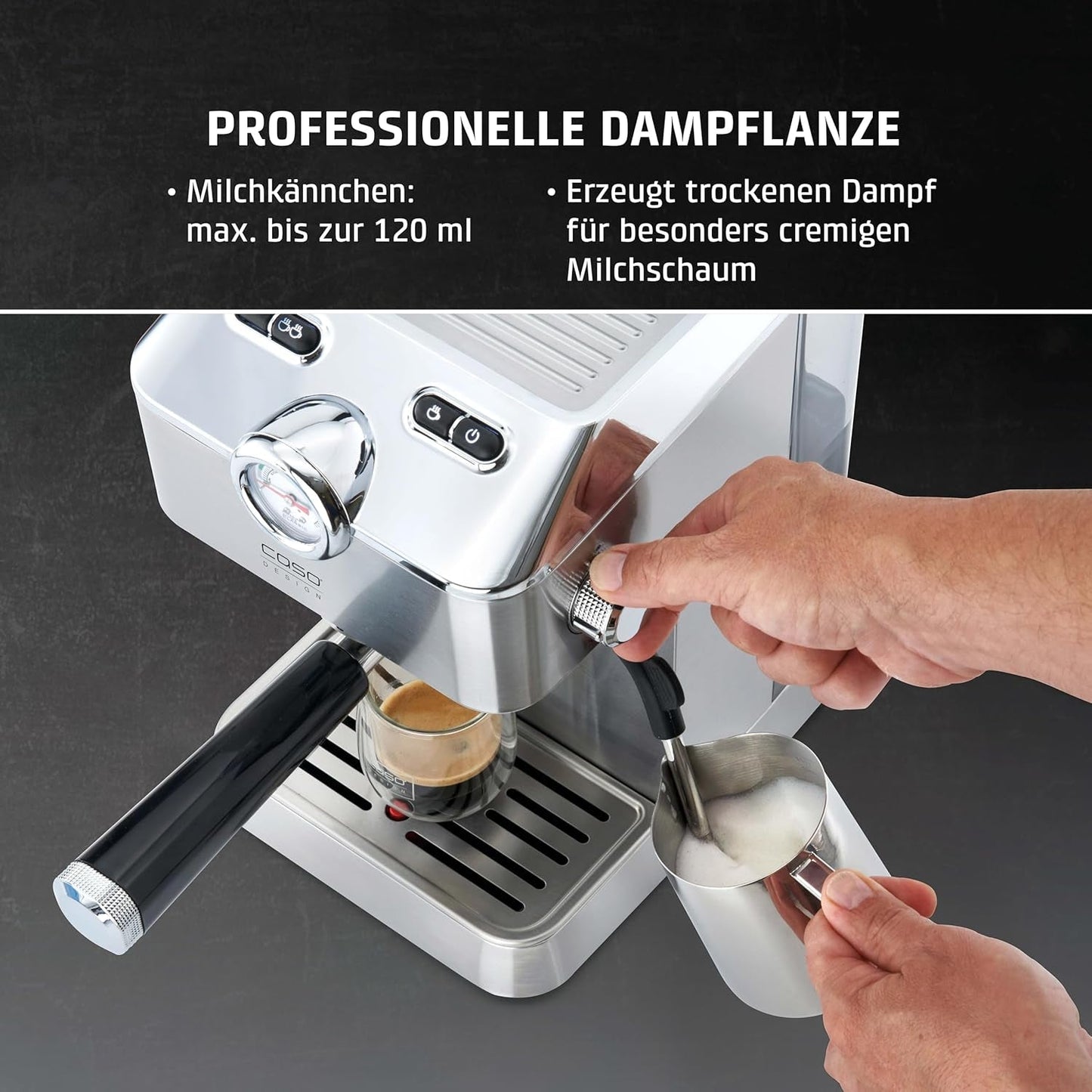 Caso Espresso Gourmet - Macchina per caffè espresso con portafiltro in acciaio inossidabile, potente pompa Ulka da 19 bar, con montalatte, per caffè macinato o capsule di caffè ESE, per 2 tazze, con scaldatazze