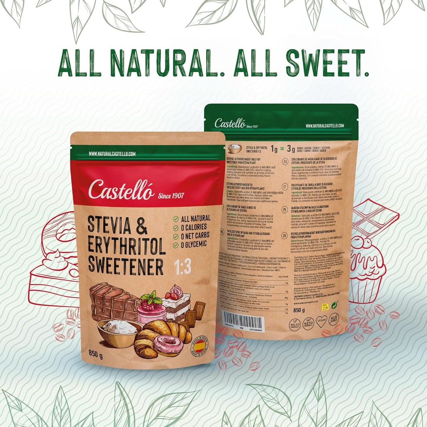 Dolcificante Stevia + Eritritolo 1:3, 1G = 3G Zucchero, 850 grammi Dolcificanti Naty Shop