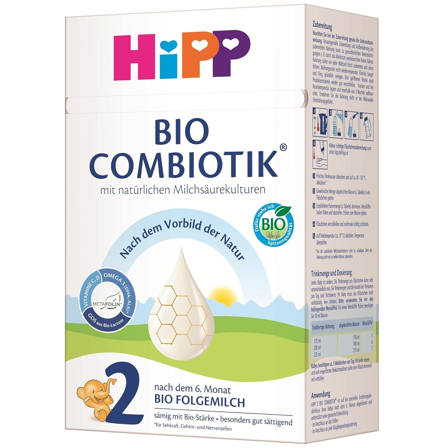 HiPP 2 Organic Combiotik (4 x 600g), latte di proseguimento dopo 6 mesi, con amido, fermenti lattici naturali, GOS, Omega-3 (DHA, ALA), della migliore qualità biologica