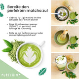 Polvere di matcha di grado cerimoniale Purechimp 50 g. Polvere di tè coltivata all'ombra pura al 100% per latte macchiato, infusi e ricette. Barattolo riciclabile. Ricco di antiossidanti.