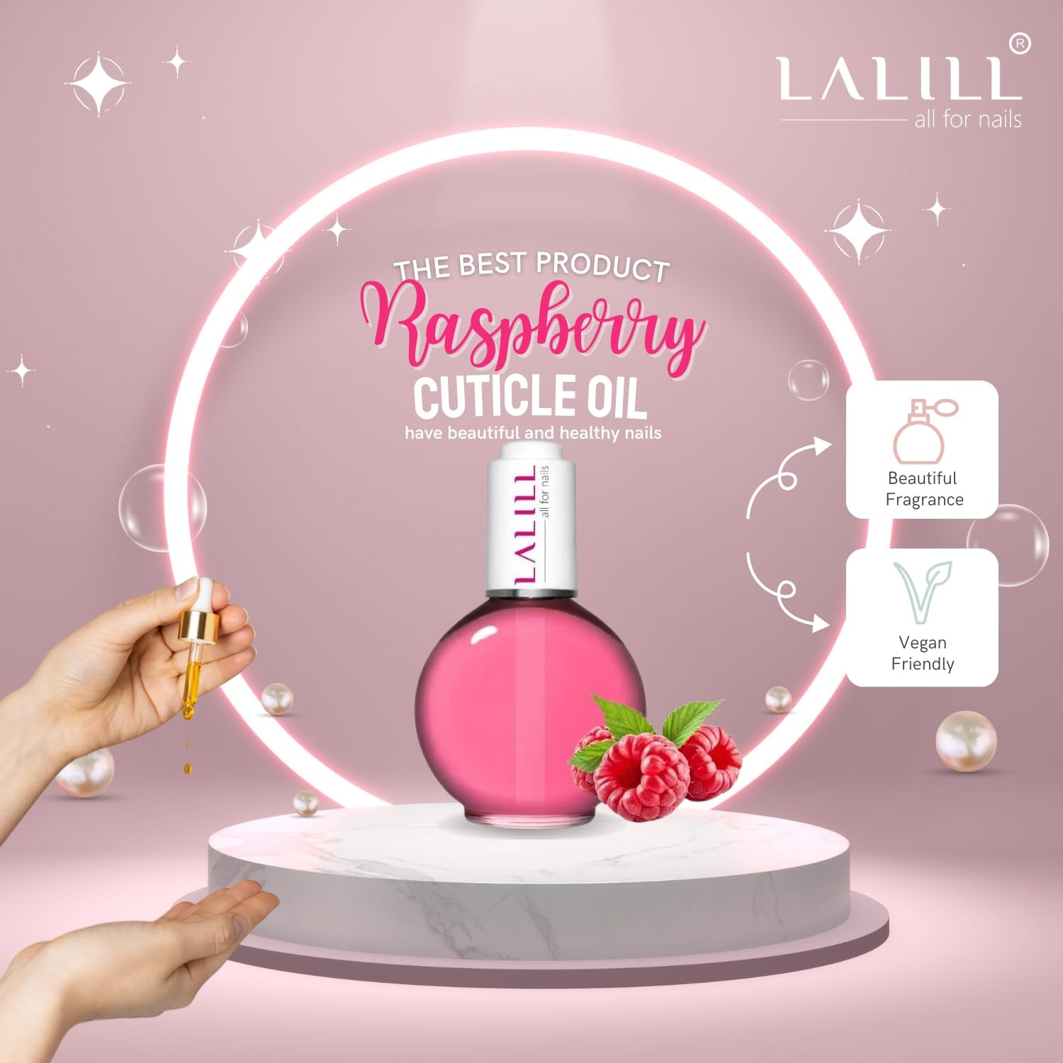 LALILL Olio per cuticole per unghie 75Ml - Himbeere Nagelpflegeöl - Nagelöl Pflege Für Nägel Nagelhaut - SPA Maniküre Naildesign Hände - Vegan - Con pipetta