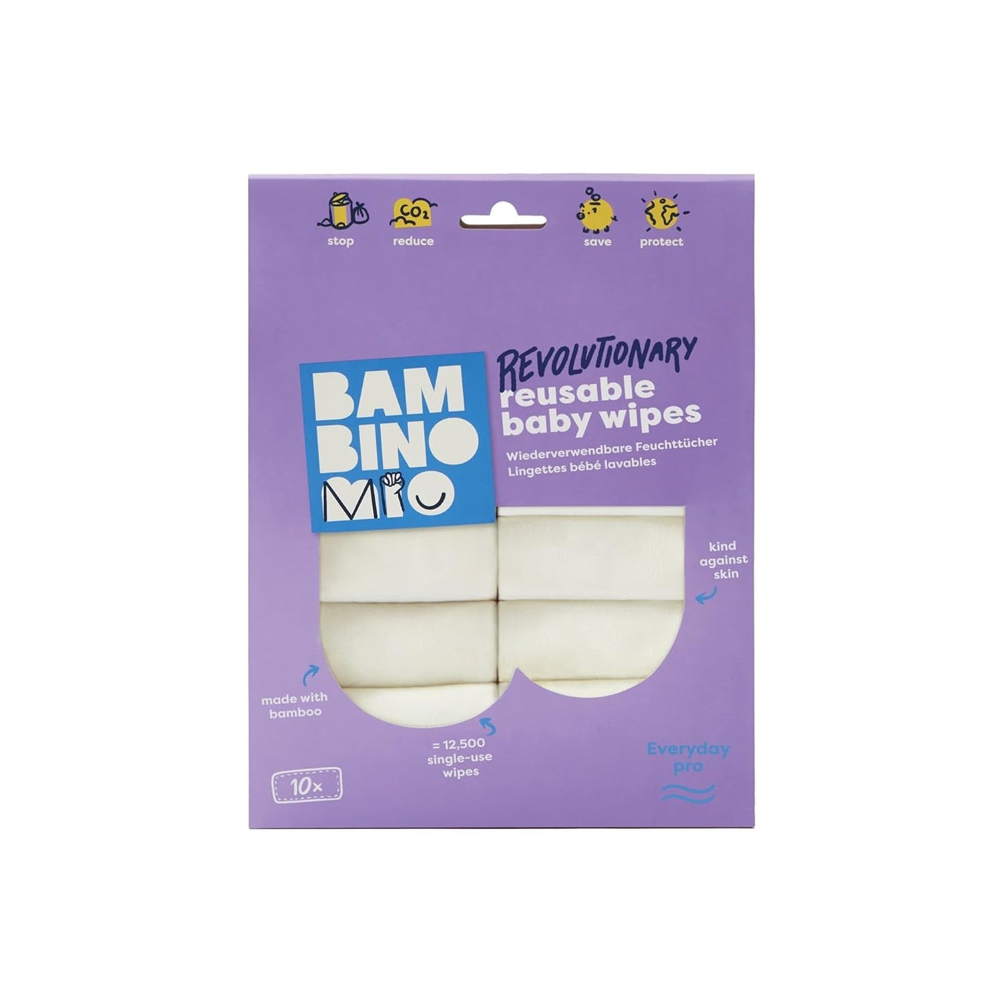 Salviette per neonati riutilizzabili Bambino Mio - Basic - Ecologiche, senza sostanze chimiche, fronte-retro, lavabili, confezione da 10, nuvola - La confezione può variare