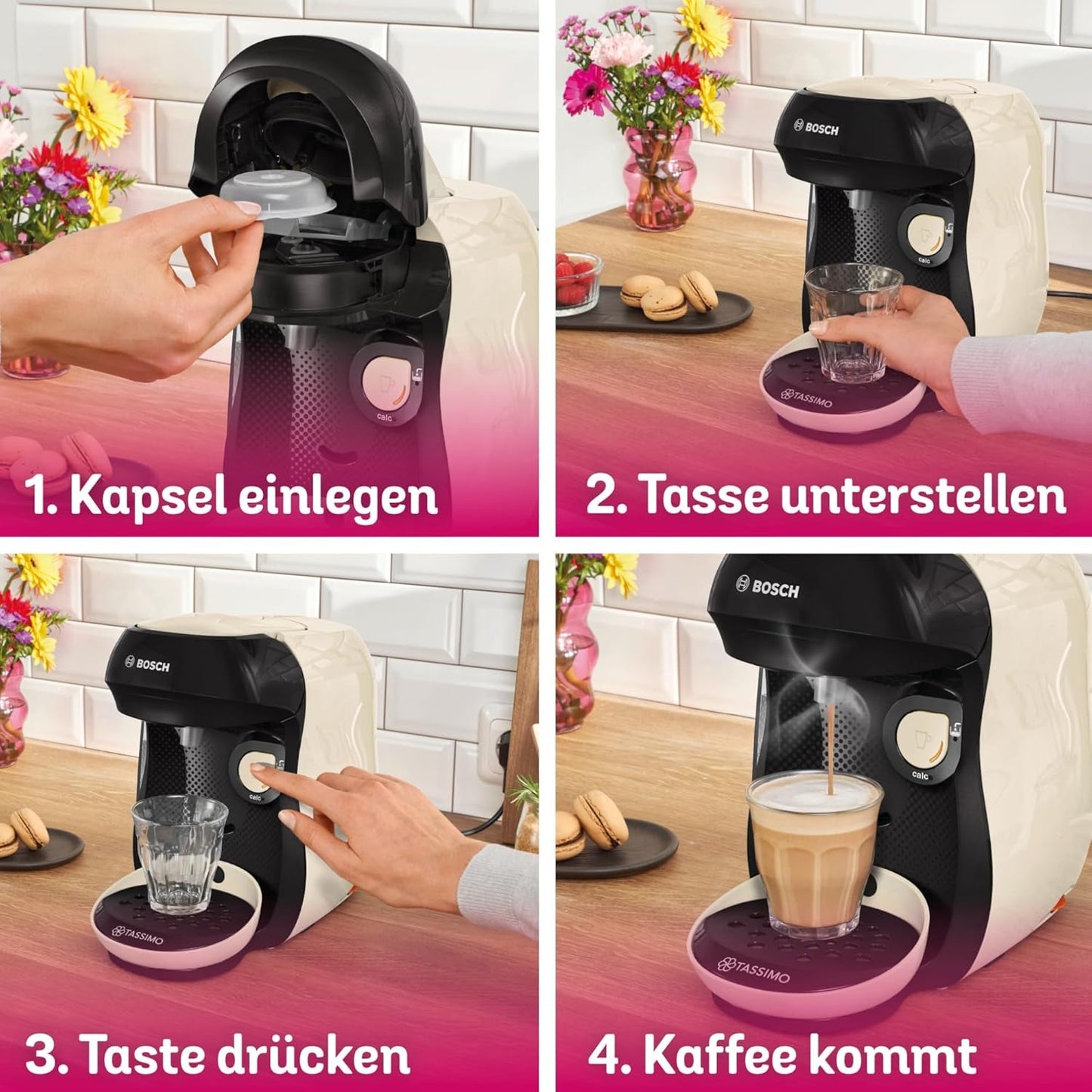 Bosch Tassimo Happy Friendly TAS107E Macchina per caffè a capsule, 70+ bevande, Adatta a tutte le tazze, Arresto automatico, Sostenibile, Dosaggio perfetto, Salvaspazio, 1400 W, Crema/Nero