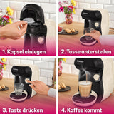 Bosch Tassimo Happy Friendly TAS107E Macchina per caffè a capsule, 70+ bevande, Adatta a tutte le tazze, Arresto automatico, Sostenibile, Dosaggio perfetto, Salvaspazio, 1400 W, Crema/Nero