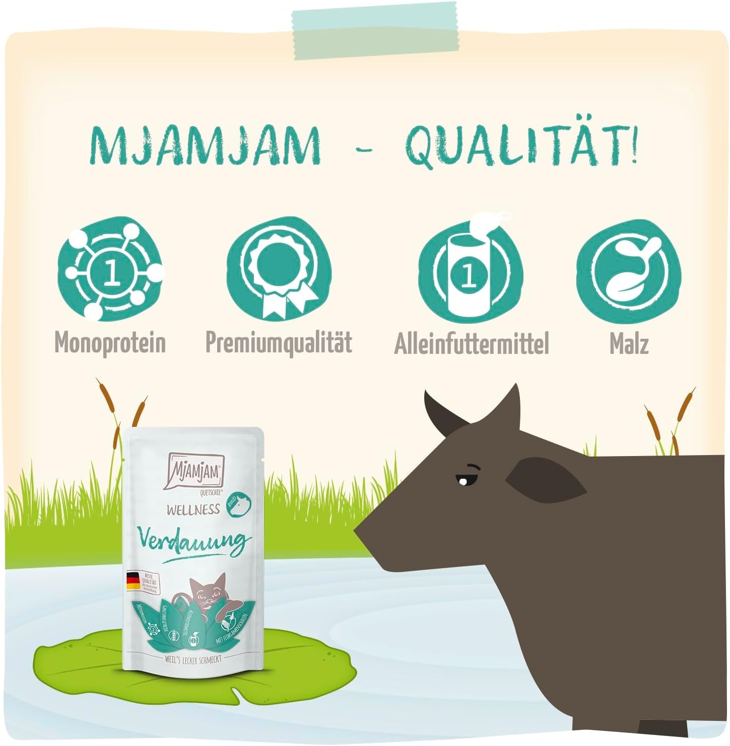 MjAMjAM - Cibo umido premium per gatti - Benessere - Digestivo - Manzo, Confezione da 12 (12 x 125g), Senza Cereali