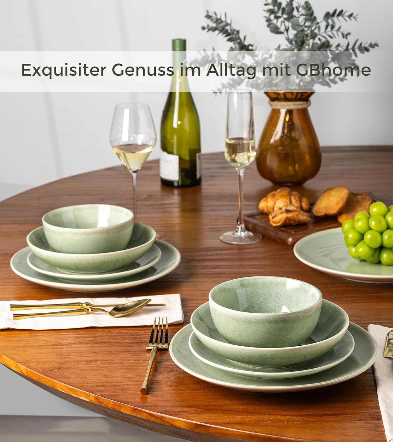 GBHOME Set di stoviglie in ceramica per 6 persone, set di piatti e ciotole dipinti a mano da 24 pezzi, gres antigraffio, lavabile in lavastoviglie e adatto al microonde