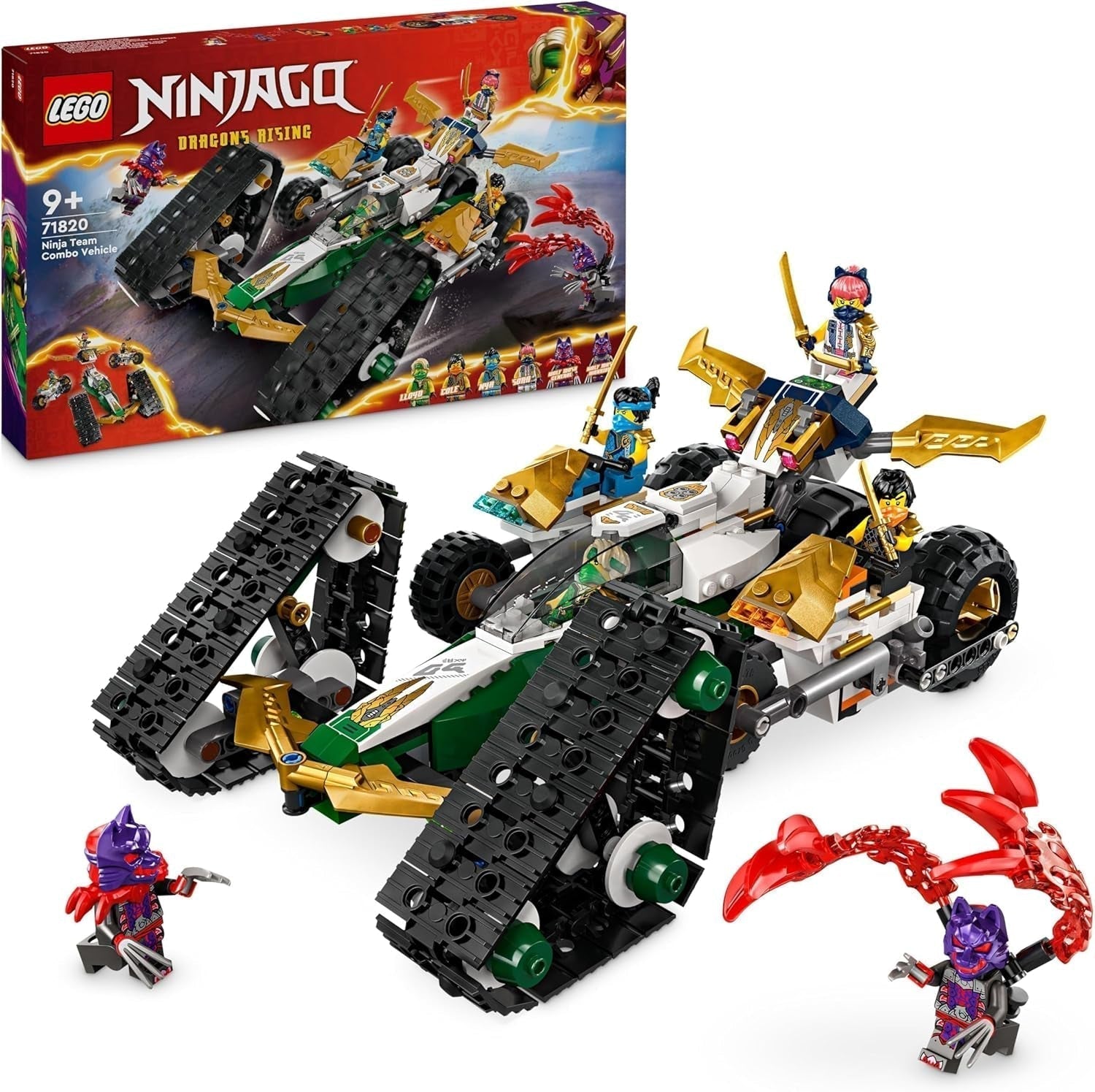 LEGO NINJAGO Ninja Team Combi Caterpillar 4 in 1 Set con aliante, auto da corsa e 2 motociclette e 6 minifigure Regalo per ragazzi e ragazze Giocattolo Ninja 71820 Set da costruzione Besuche den LEGO-Store Titolo predefinito