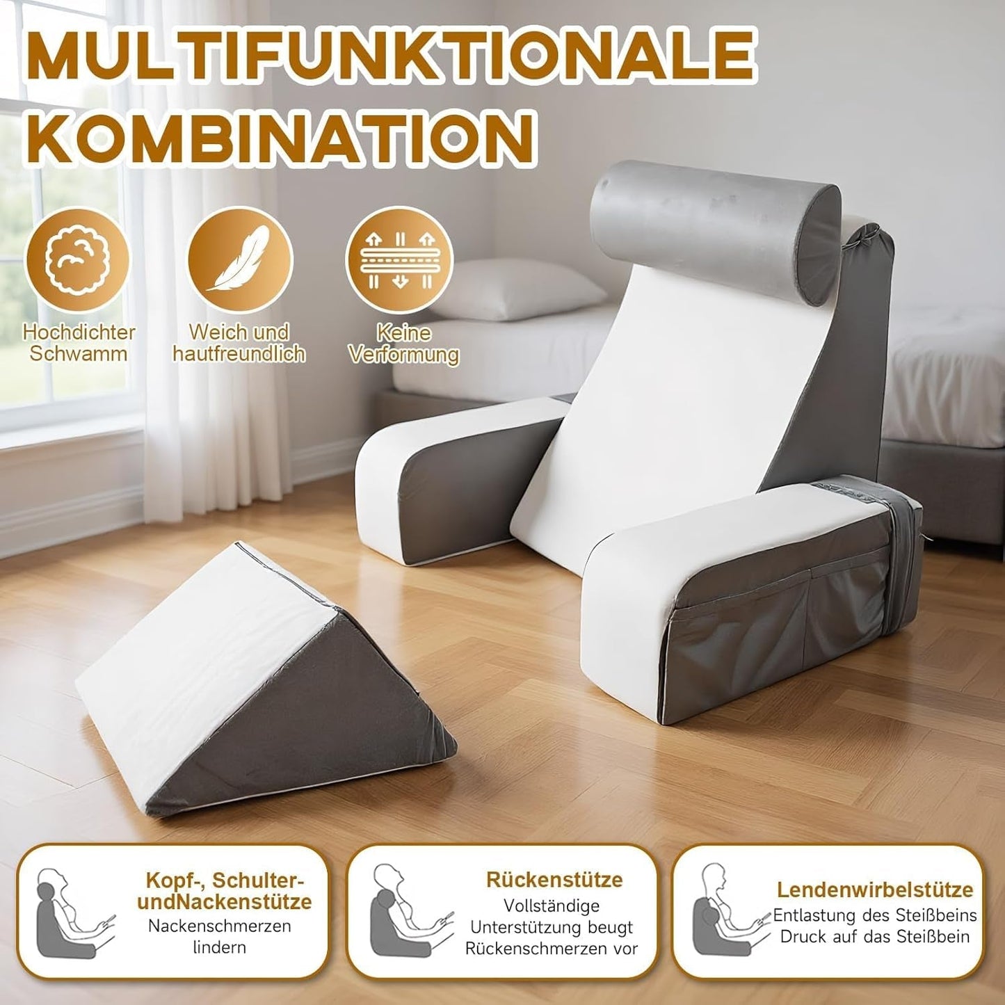Cuscino da lettura con supporto per collo e braccioli staccabili, cuscino per la schiena comodo e leggero per letto e divano, cuscino per la schiena per adulti, schienale in memory foam per leggere, guardare la TV e videogiochi