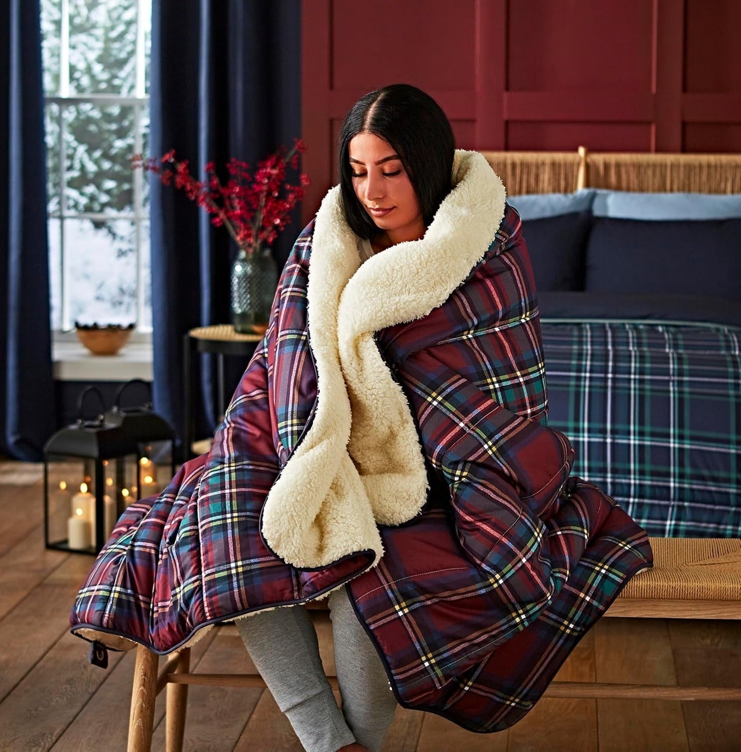 Night Lark accogliente coperta in pile Sherpa, classico tartan rosso, 9 Tog, lussuosa, soffice, spessa e reversibile, perfetta per divano, letto, divano. Anallergico, lavabile in lavatrice, Misure: Letti e Piumini Night Lark classico tartan rosso Letto singolo
