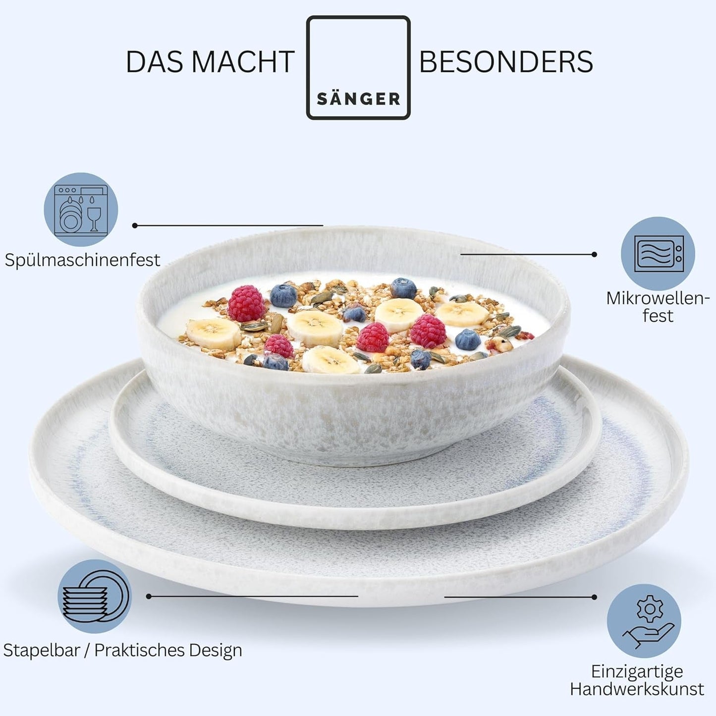 SANGER | Set di stoviglie Santorini da 12 pezzi Set di piatti per 4 persone Set di stoviglie in gres con valutazione MOLTO BUONA che comprende piatti piani, piatti da dessert e piatti Suma crema lilla sfumatura blu | LA COLLEZIONE PREMIUM