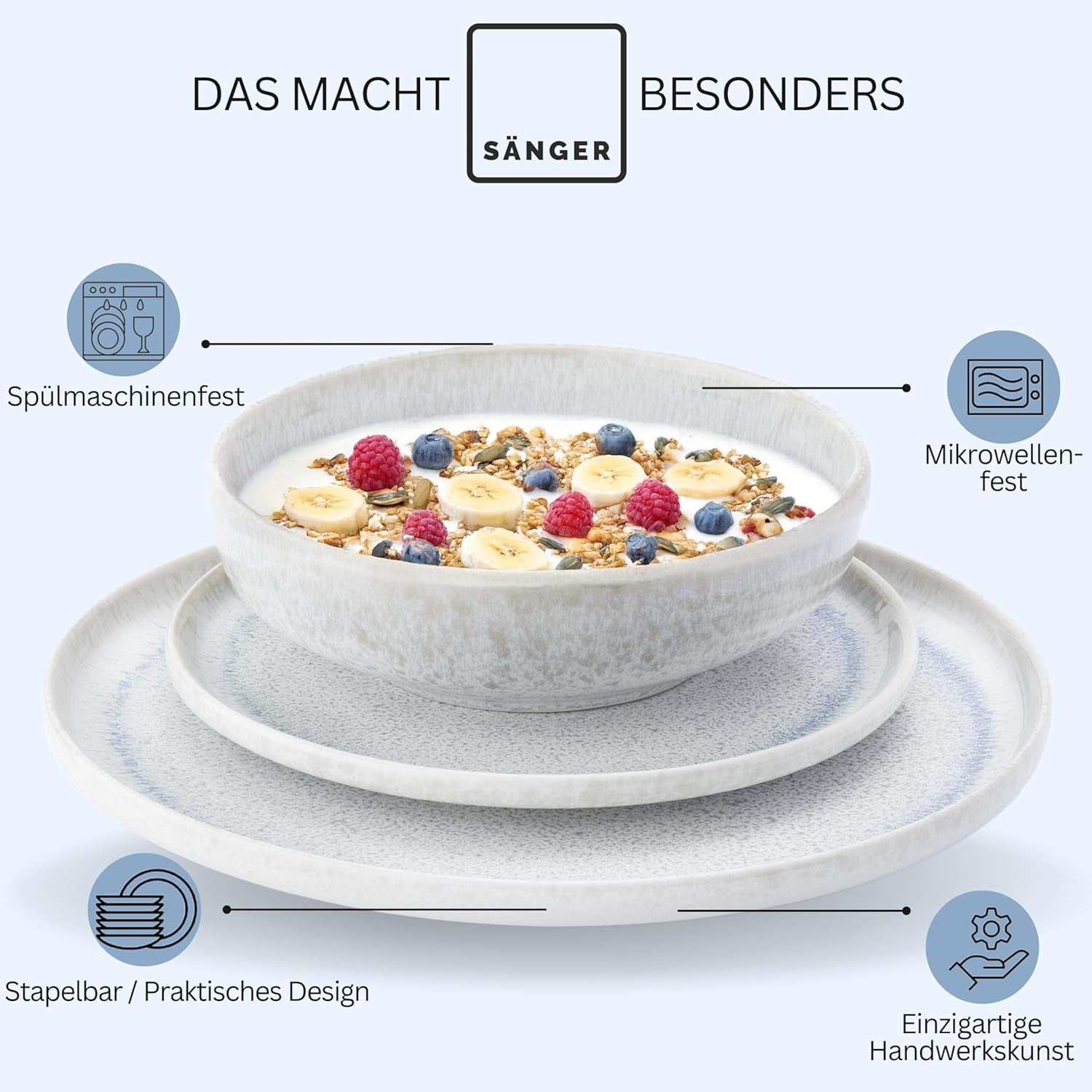 SANGER | Set di stoviglie Santorini da 12 pezzi Set di piatti per 4 persone Set di stoviglie in gres con valutazione MOLTO BUONA che comprende piatti piani, piatti da dessert e piatti Suma crema lilla sfumatura blu | LA COLLEZIONE PREMIUM