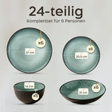Twinzee Set di stoviglie in gres da 24 pezzi per 6 persone - Set di ciotole e piatti - Gres adatto al microonde - Collezione Riviera
