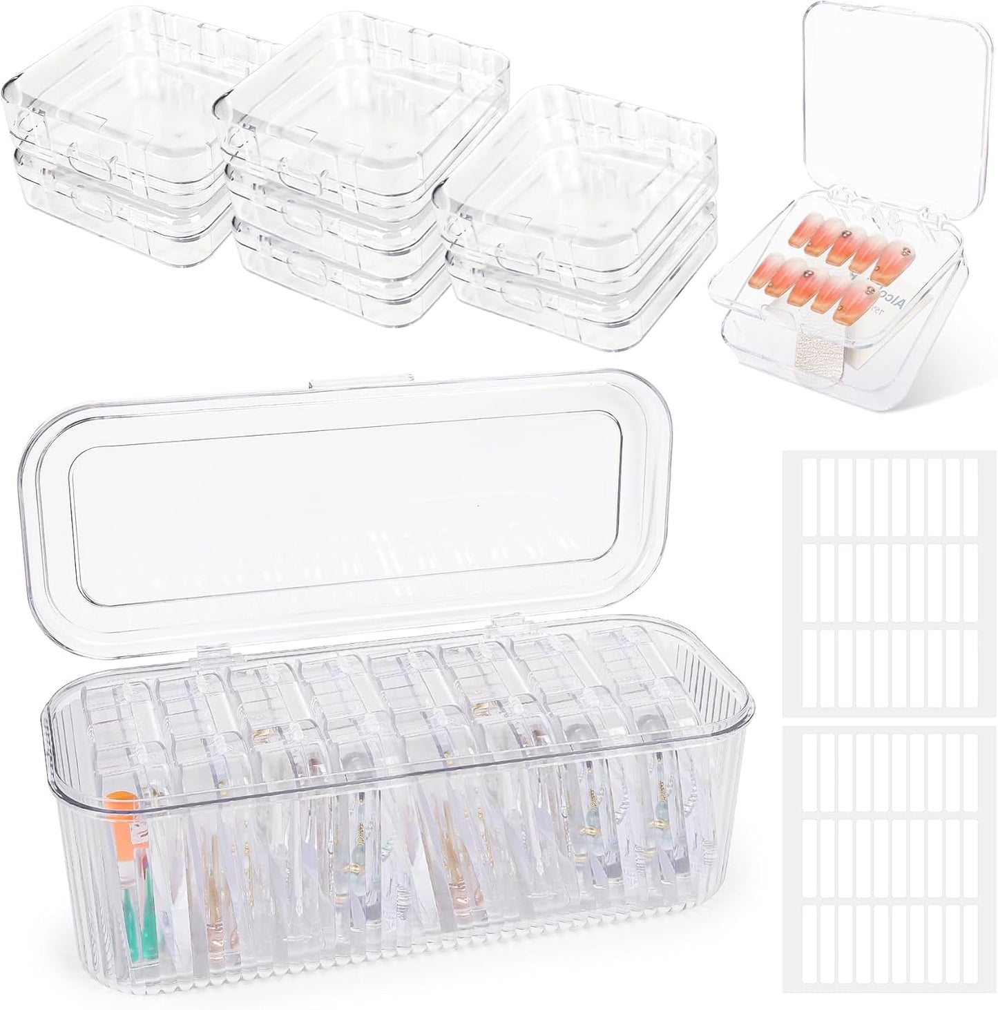 INMORVEN Set di scatole per unghie - 14 scatole trasparenti per unghie + 1 scatola grande e 60 dischi adesivi - Ideale per conservare unghie finte, accessori per unghie in gel e smalto (14 pezzi in uno strato)