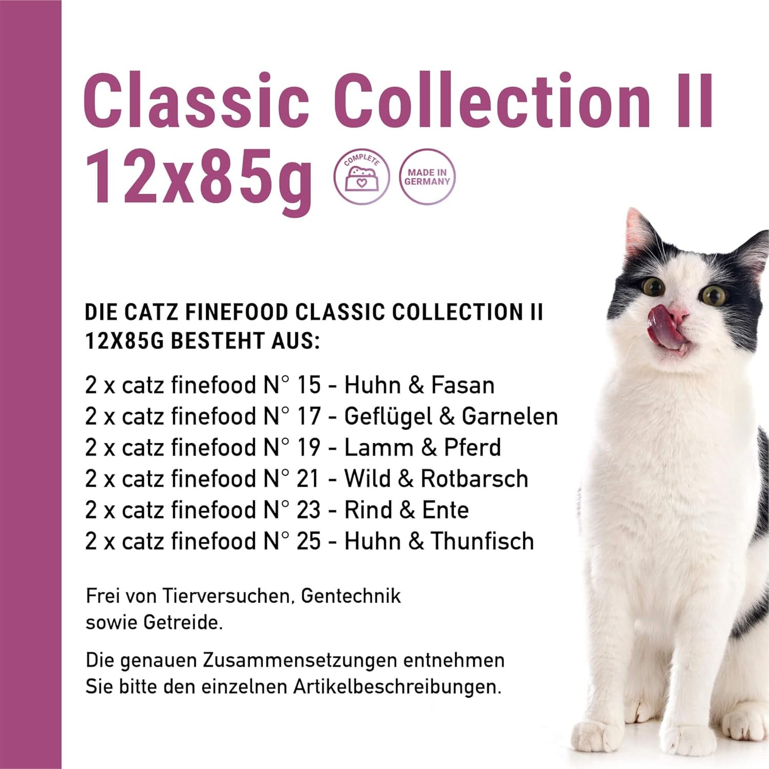 Catz Finefood Classic Collection Confezione mista Cibo umido per gatti - Cibo umido gourmet per il tuo gatto, senza cereali e senza zucchero, con un alto contenuto di carne, 24 bustine x 85 g