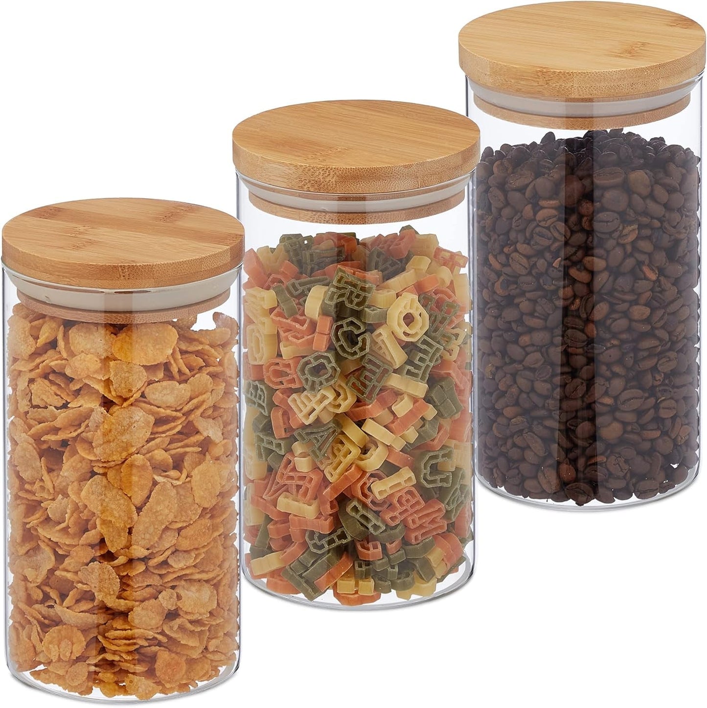Relaxdays Barattoli con Coperchio in Bambù Set da 3 Barattoli Rotondi in Vetro 1000ml a Tenuta Trasparente/Naturale 18x10cm Scatole per Alimenti Naty Shop Trasparente/Naturale 1000Ml
