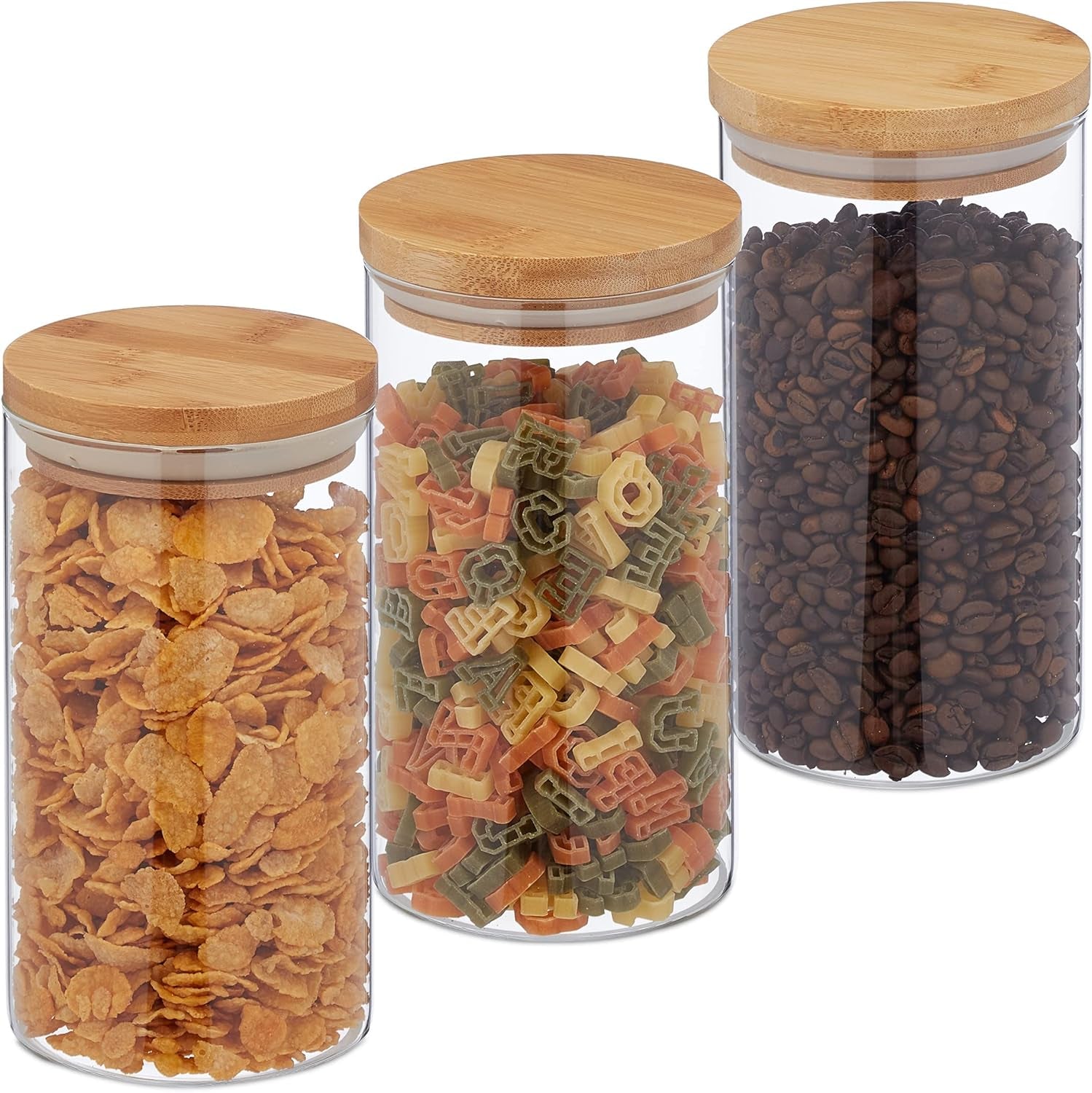 Relaxdays Barattoli con Coperchio in Bambù Set da 3 Barattoli Rotondi in Vetro 1000ml a Tenuta Trasparente/Naturale 18x10cm Scatole per Alimenti Naty Shop Trasparente/Naturale 1000Ml