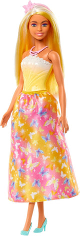 Bambola Barbie Reale con capelli fantasia, ciocche colorate, accessori colorati, top giallo sfumato e gonna a farfalla, HRR09 Bambole Naty Shop