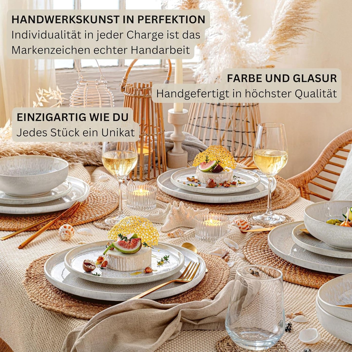 SANGER | Servizio da tavola Corfu da 24 pezzi Servizio da tavola per 8 stoviglie in ceramica fatta a mano, compresi piatti piani, piatti da dessert e piatti Suma, stoviglie color crema con texture sabbia