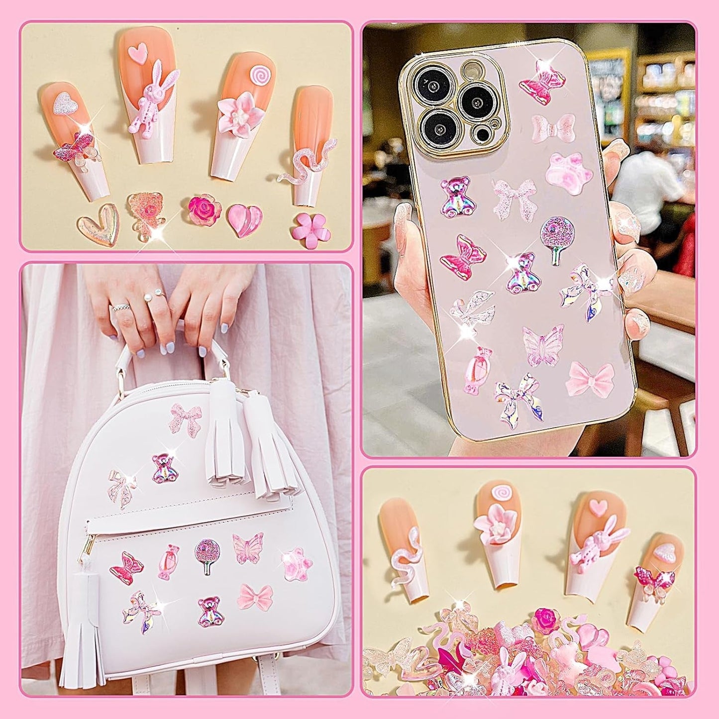 200 Pezzi Ciondoli per Nail Art Set di Decorazioni per Nail Art 3D Fiocco per Unghie Ciondolo Rosa Stile Misto Fiocco Fiore Orsacchiotto Lecca-lecca a Forma di Cuore Decorazione per Nail Art Artigianato Fai da Te Nail Design