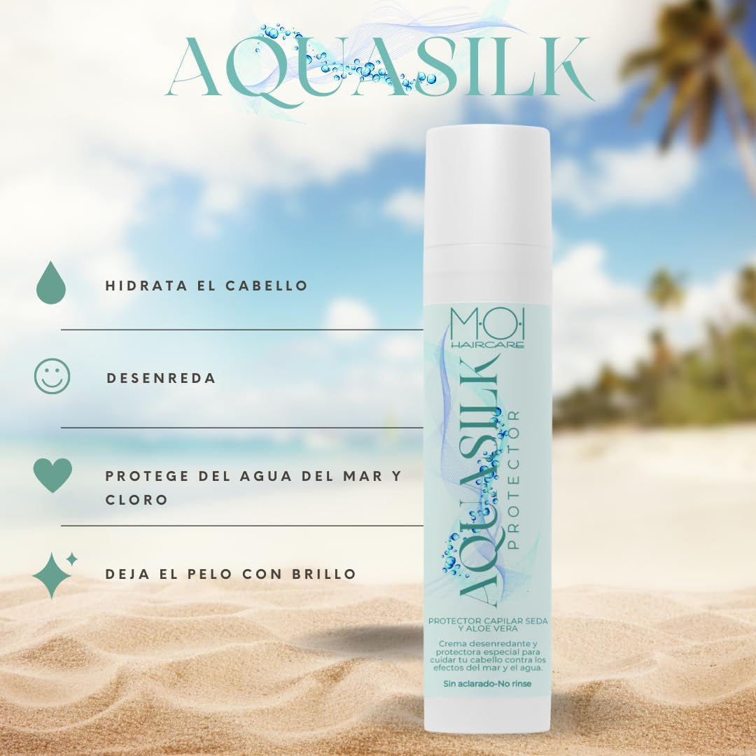 AQUA SILK Crema Capelli per l'Estate, Protegge i Capelli dal Mare e dal Cloro, Seta e Aloe Vera, M-O-I Haircare | Maschera per capelli Naty Shop da 100 ml