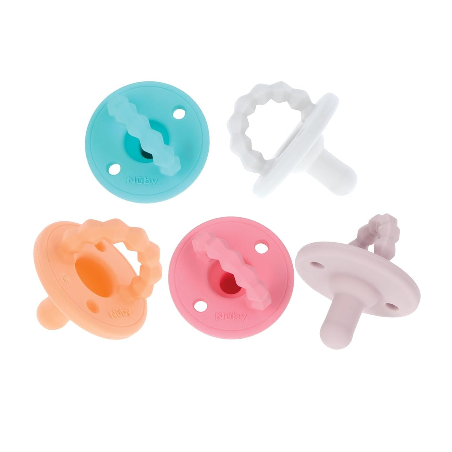 Nuby – Set di 5 succhietti e ciucci ortodontici in morbido silicone | 3 modelli per giorno e notte | 2 modelli che si illuminano al buio | Senza BPA | Forma simile al seno | Per 18-36 mesi