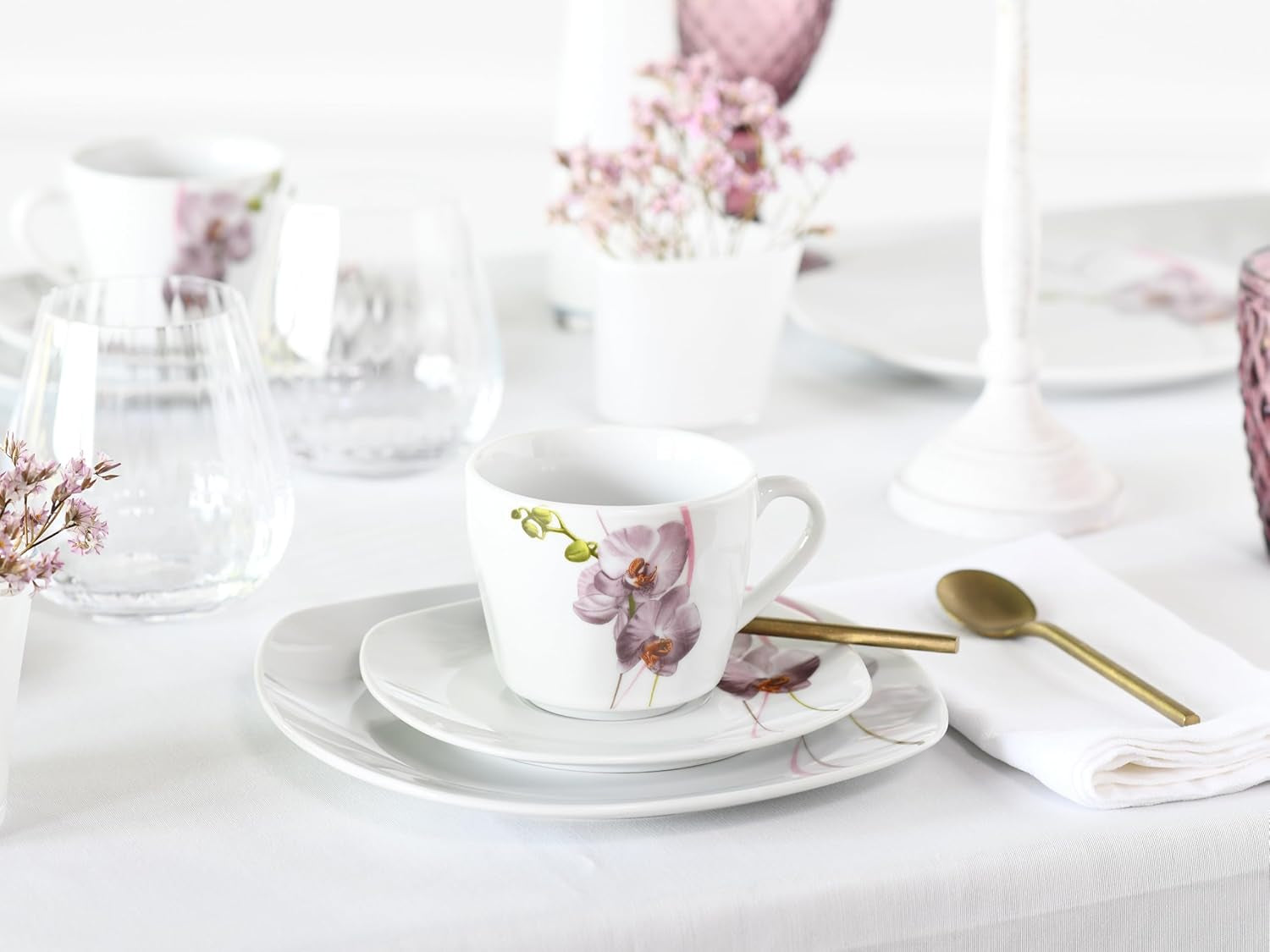 CreaTable, 24024, serie Square Orchid, set di stoviglie da 18 pezzi per 6, servizio da caffè in porcellana, lavabile in lavastoviglie e adatto al microonde, produzione di qualità