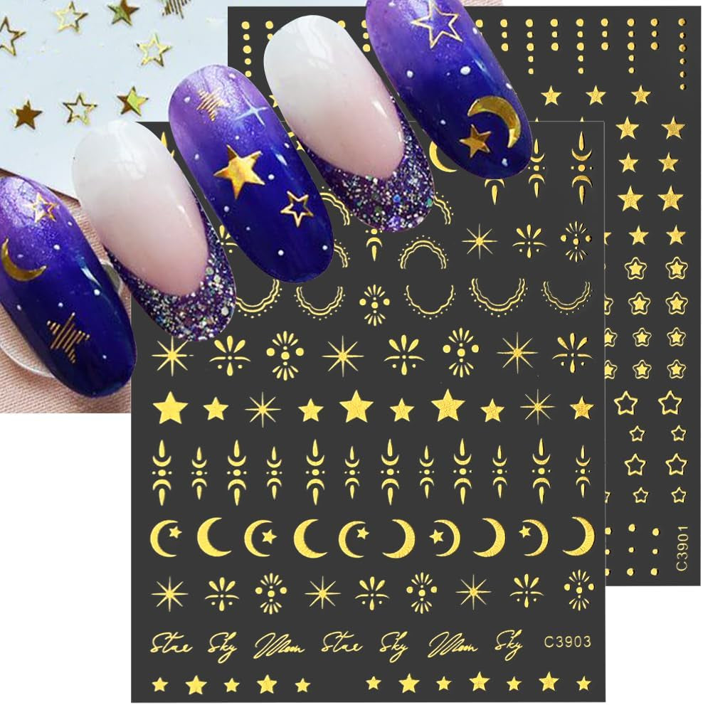 8 fogli Luna e stelle dorate Adesivi per nail art Ali d'angelo Adesivi per unghie color oro marrone chiaro Stelle Foil per unghie Adesivi autoadesivi per unghie Accessori per il design delle unghie Adesivi per unghie