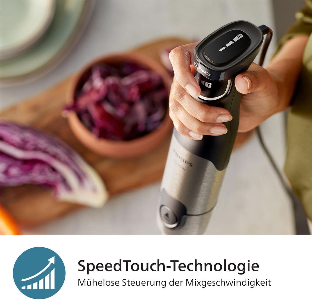 Philips Stabmixer serie 5000 - 1200W Leistung. Tecnologia Promix. Led Geschwindigkeitsanzeiger. Stufenlose Geschwindigkeitseinstellung. Design compatto. Leicht Zu Reinigen. Schwarz (HR2681/00) Cucina Naty Shop