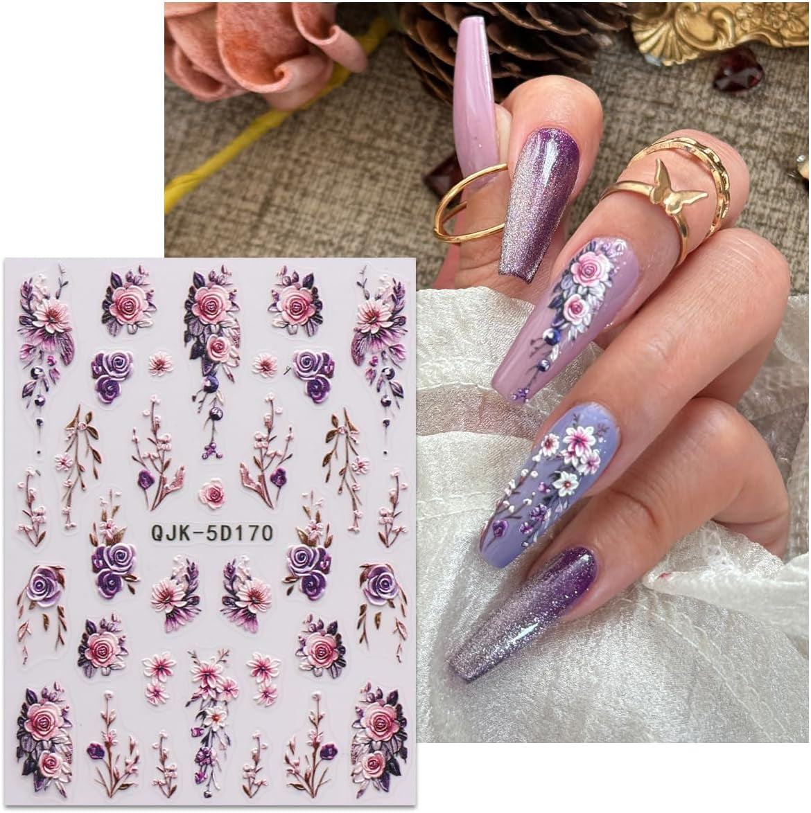 JMEOWIO 3D Nagelsticker Blumen Nail Art Sticker Selbstklebend Nagelaufkleber 5D Stereoscopico Frühling Sommer Dekoration Nageldesign Zubehör 4 Blatt