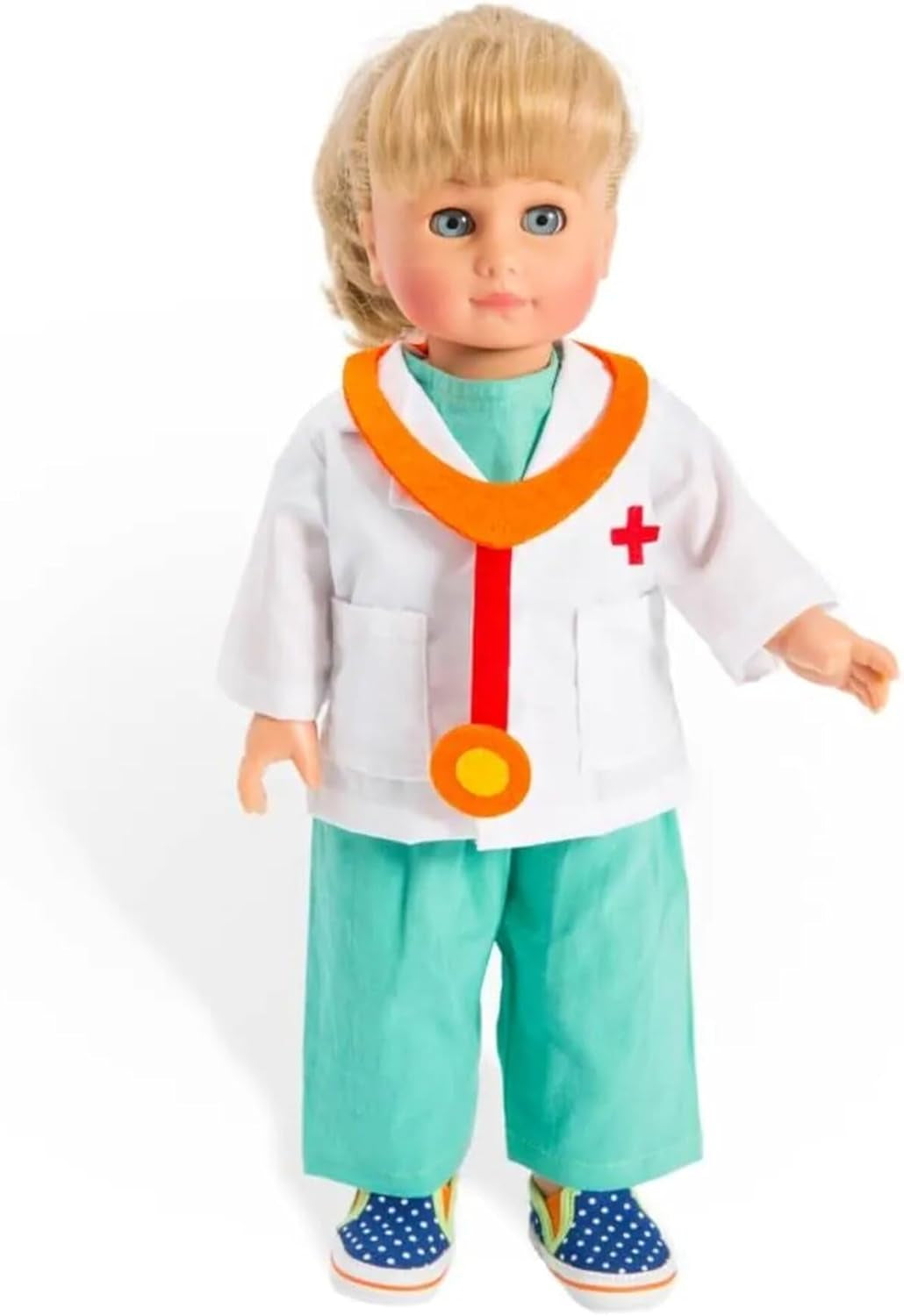 Heless 1653 - Set di vestiti per bambole, tuta da medico in 4 pezzi con pantaloni, camicia, camice da medico e stetoscopio, misura 28 - 35 cm