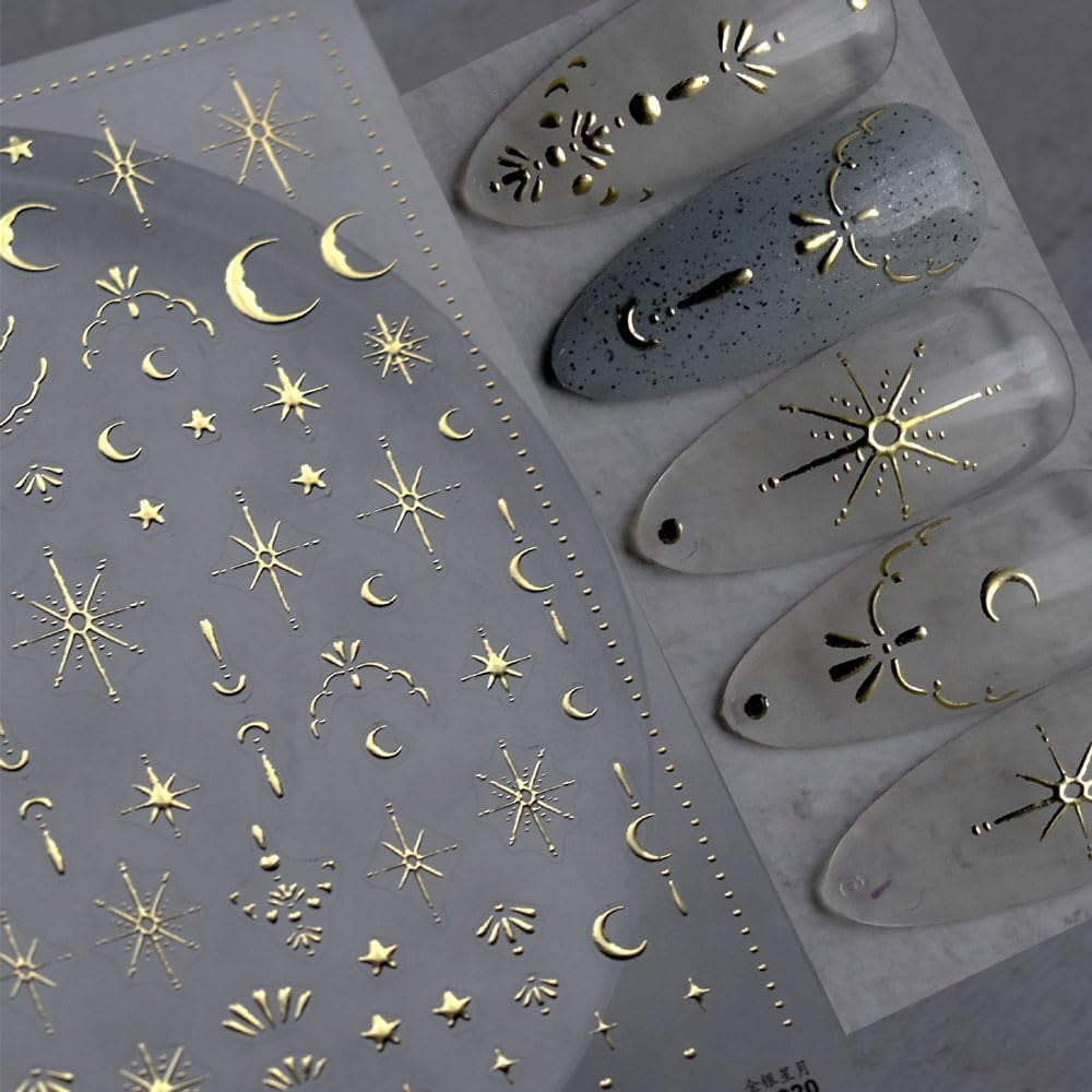 Fogli di adesivi per unghie con stella d'oro e luna, ali d'angelo, adesivi per unghie in oro marrone chiaro, stelle, lamina per unghie, adesivi per unghie, accessori per il design delle unghie, adesivi per unghie