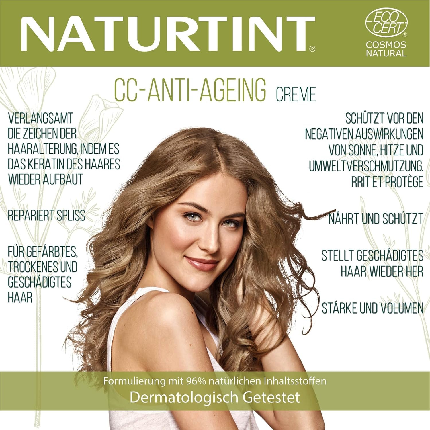 CC Cream tinta naturale. Maschera per capelli senza risciacquo. Per capelli secchi e danneggiati. Ripara e idrata. Ingredienti naturali al 96%. Maschera per capelli Naty Shop da 200 ml